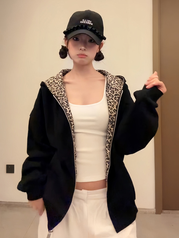 美式复古连帽卫衣外套女2025秋季豹纹拼接开衫宽松情侣拉链上衣潮|undefined