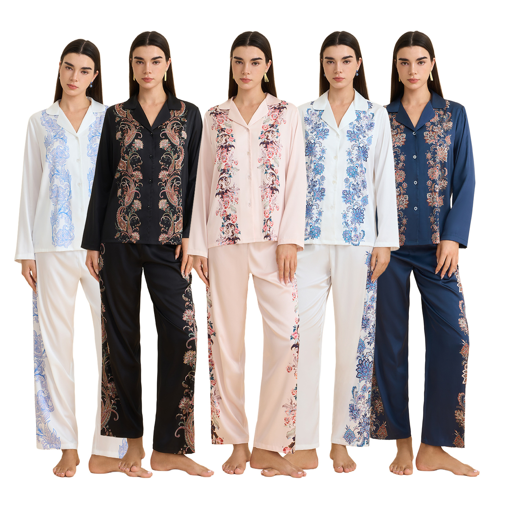 Conjunto de Pijama de Satén para Mujer TZ3999 de Chifón con Estampado y Cuello Solapa para Casa y Exterior