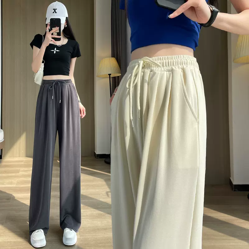 铜氨丝窄版阔腿裤女2025夏季新款高腰直筒裤垂感冰丝长裤拖地裤子
