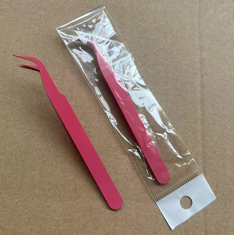 Pinzas para pestañas de acero inoxidable, punta curva, rosa