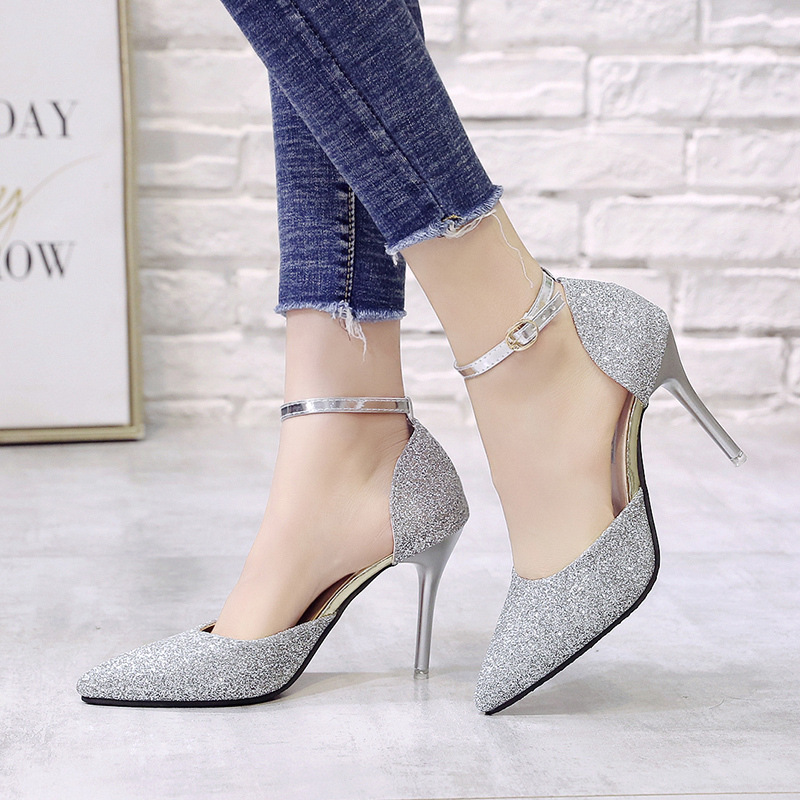 Silver Sequin Hollow High Heels For Women, Stiletto Strap Pointed Toe Cat Heel Single Sh, Wedding Dress Bridesmaid_vogvips.com