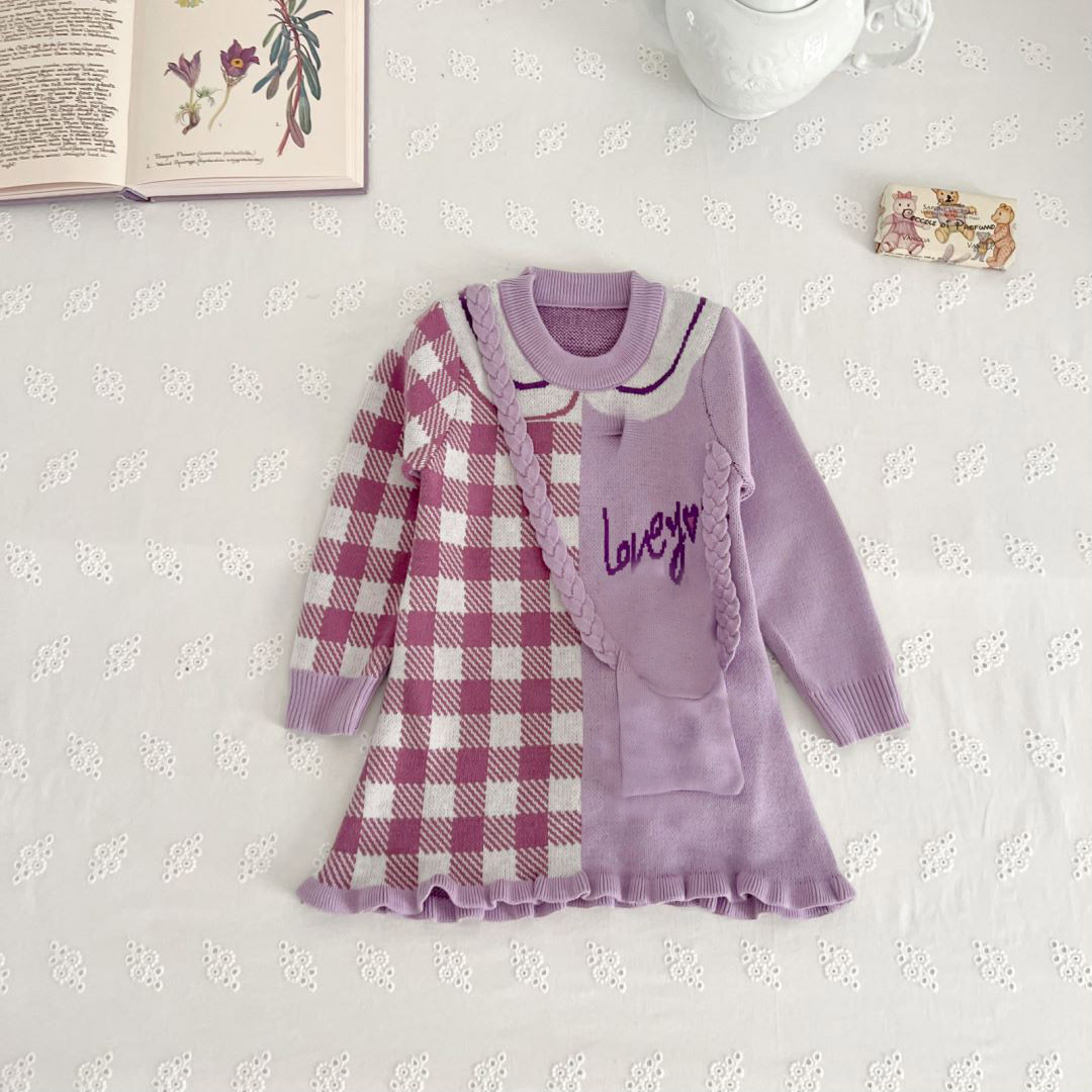 Herbst und Winter 2023 Neue Prinzessin Kleines Mädchen Modische Lila Baby Cartoon Stern Kaninchen Pullover Kleid Niedlich_voghion.com