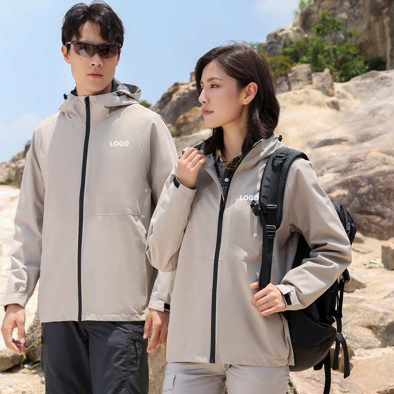 春秋季新款风衣情侣户外防风防水纯色连帽单层冲锋衣夹克外套男女