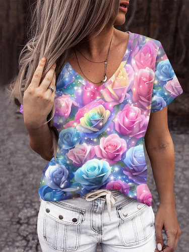 Cross-border 3D digital printing women's V-neck short-sleeve T-shirts in stock, European and American summer women's clothing for independent stores, AliExpress best-seller