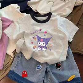 儿童新款纯棉百搭可爱短袖卡通T恤拼色韩系上衣圆领男女童装宝宝
