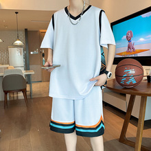假两件篮球服短袖套装青少年男夏季宽松V领速干比赛运动服两件套