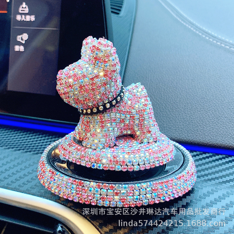 汽车摆件卡通小狗镶钻斗牛犬飞碟摆件车载香薰摆件可爱香水座装饰|ms