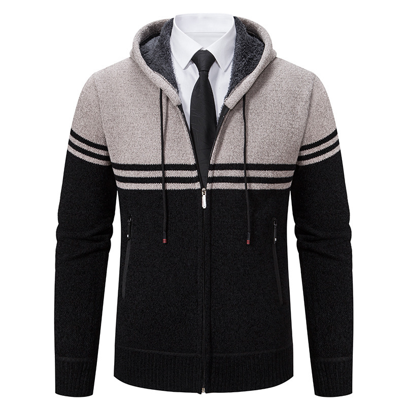 Herren Herbst und Winter neue farblich passende Strickjacke Mode Kapuzenjacke Pullover Herrenjacke_voghion.com