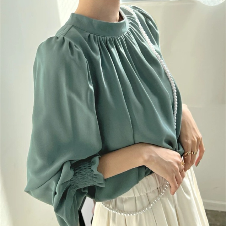 2025 Lotte Quick-Drying and Wrinkle-Resistant Round Turtleneck Puff Sleeve Chiffon Shirt