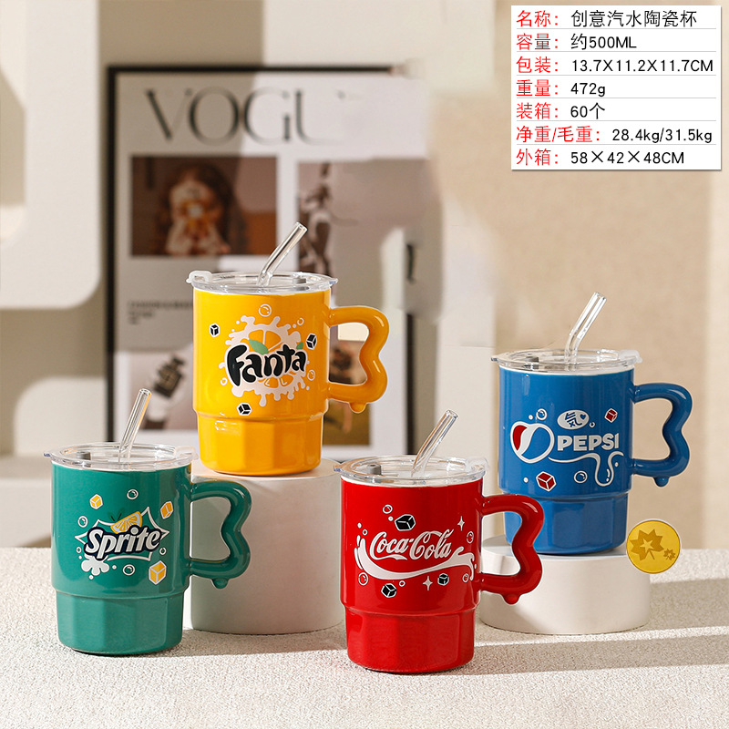 Taza de cerámica tipo lata con pajilla, diseño creativo