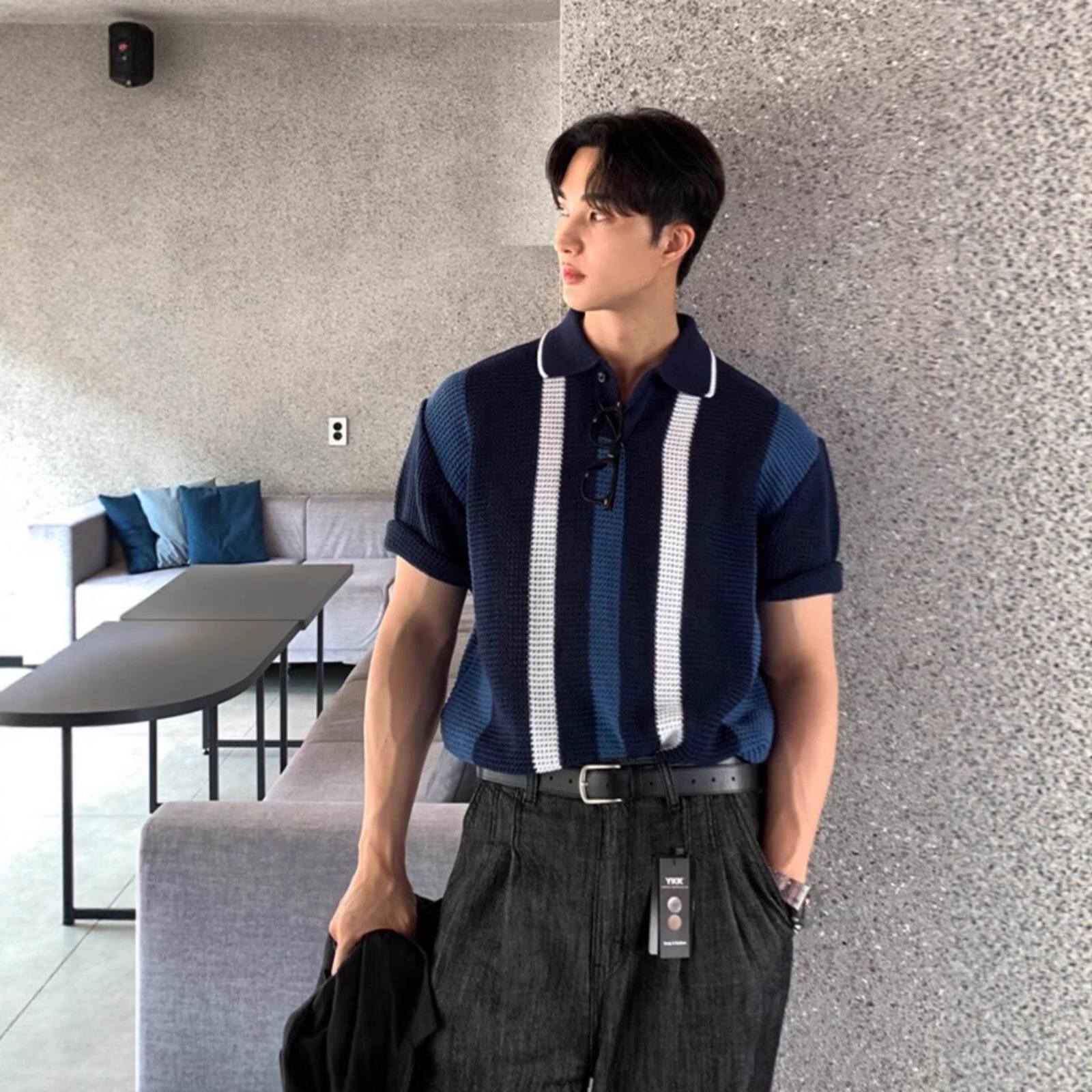 Men's High Quality Breathable Hollowed Out Color Block Knit Polo Shirt Korean Style Vertical Striped Short Sleeved T-Shirt For Spring/Summer_viptrois.com