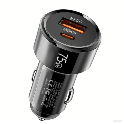 75W Fast Car Charger Universal Cigarette Lighter Socket Adapter Charging Dual Port Type-C Car Charger