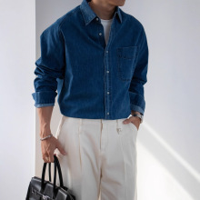 能盟水洗工装插肩袖牛仔衬衫男秋冬季日系工装口袋长袖衬衫