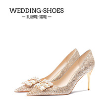 水晶鞋 新娘伴娘礼服鞋新款女高跟鞋细跟水钻方扣金色秀禾婚鞋单