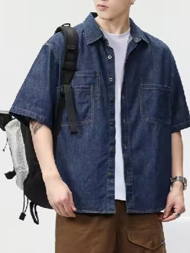 Japanese Retro Workwear Short-Sleeve Shirt for Men with a Cool and Stylish Vibe, Spring and Summer Five-Sleeve Stylish Denim Shirt, Loose Short-Sleeve Blouse