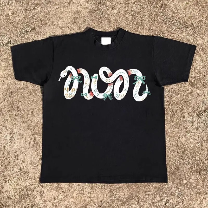 Creative White Snake Print Cotton T-Shirt, Unisex Round Neck Cotton Short-Sleeve T-Shirt, Drake Style