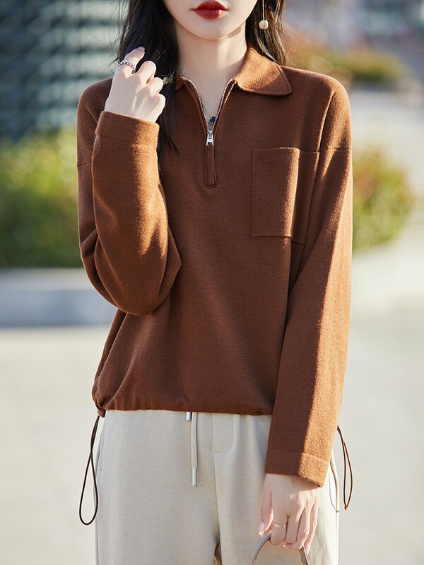 Fine Wool Lapel New Knitwear Knitwear Casual Loose Polo Autum Autum and Winter Women's Long-Sleeved Sweatshirt