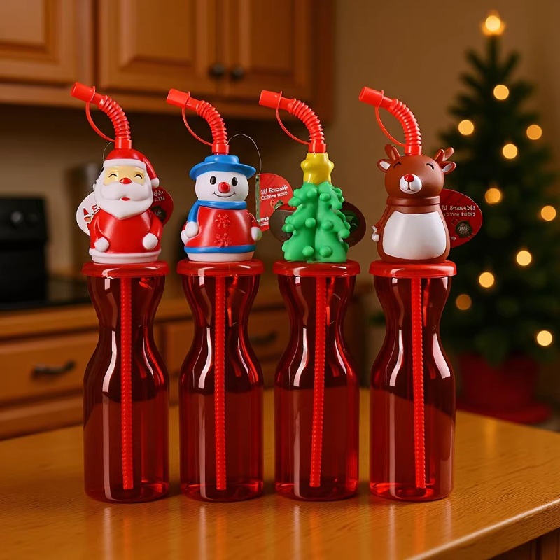 Fábrica directa serie de dibujos animados navideños PET500ML fiesta bebida patio botella taza de paja