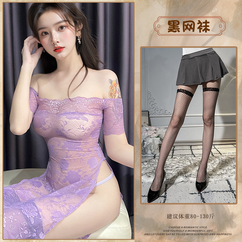 보라색 레이스 치파오 스커트 + 블랙 망사 스타킹