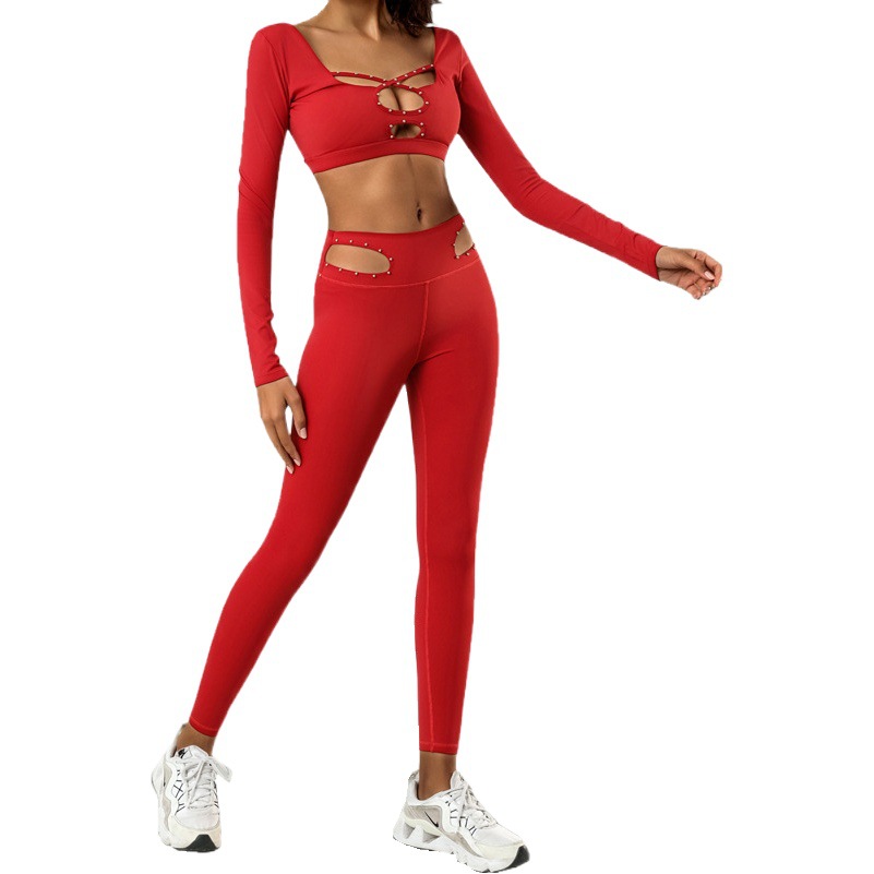 Traje de yoga transfronterizo de comercio exterior para mujer Gran belleza espalda cuentas huecas cintura alta secado rápido deportes entrenamiento físico conjunto de dos piezas image 1