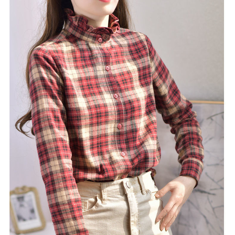 Brushed lattice Base coat Autumn and winter shirt 2020 new pattern Retro Wood ear Stand collar Long sleeve Internal lap Western style shirt