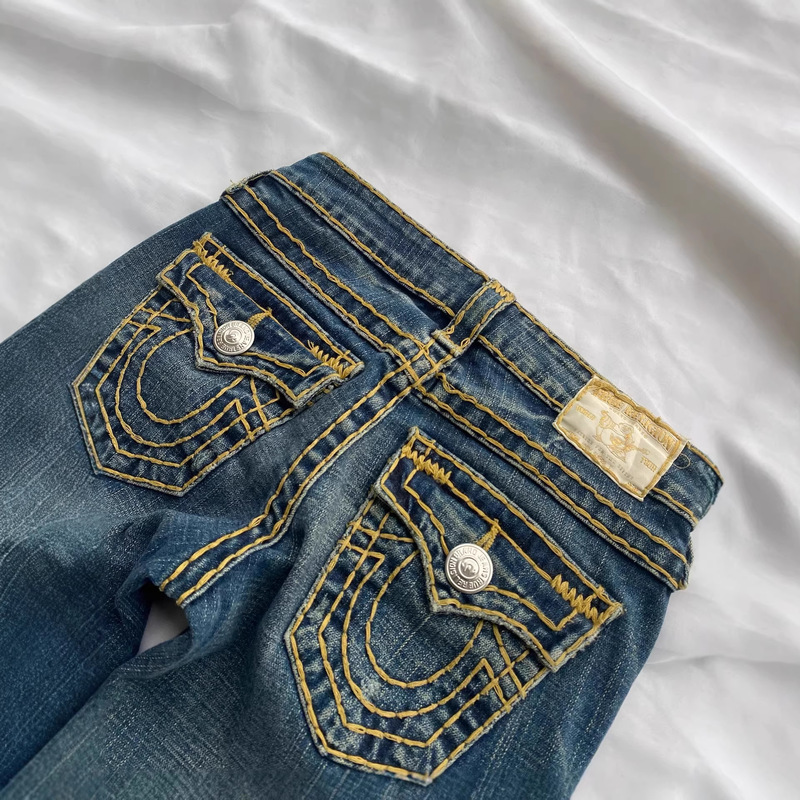 European and American Cross-Border American Retro Embroidered Low-Waist Jeans True Religion Sexy Slim Fit Bootcut Pants Y2K