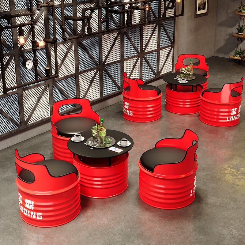 Industrial Style Restaurant Oil Drum Booth Sofa Milk Tea Shop Retro Personalized Creative Bar Reception Iron Table and Chair Combination