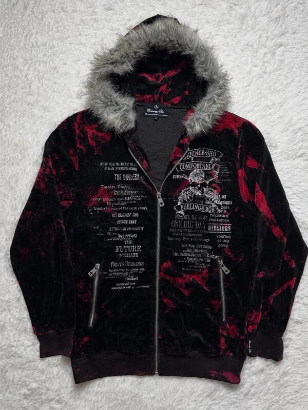 American Retro Dark Gothic Style Red and Black Tie-Dye Large Fur Collar Hooded Sweatshirt Skull Print Punk Zipper Jacket