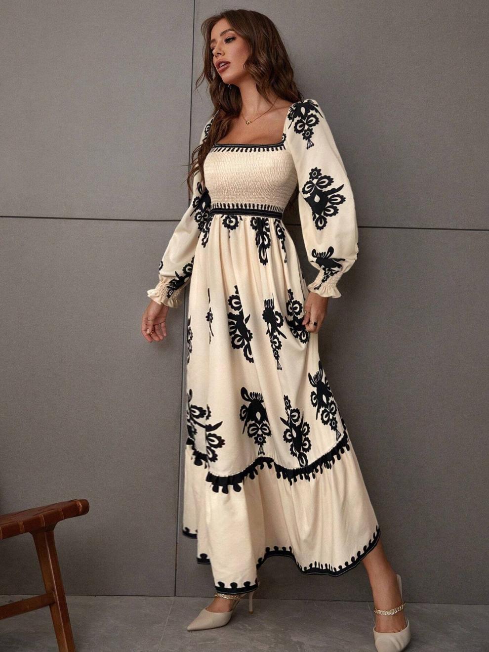 Bishop Sleeve Sleeve Type Wholesale Women's Elegant Streetwear Printing Holiday Banquet Selfie Square Neck Long Sleeve Sheath Dress