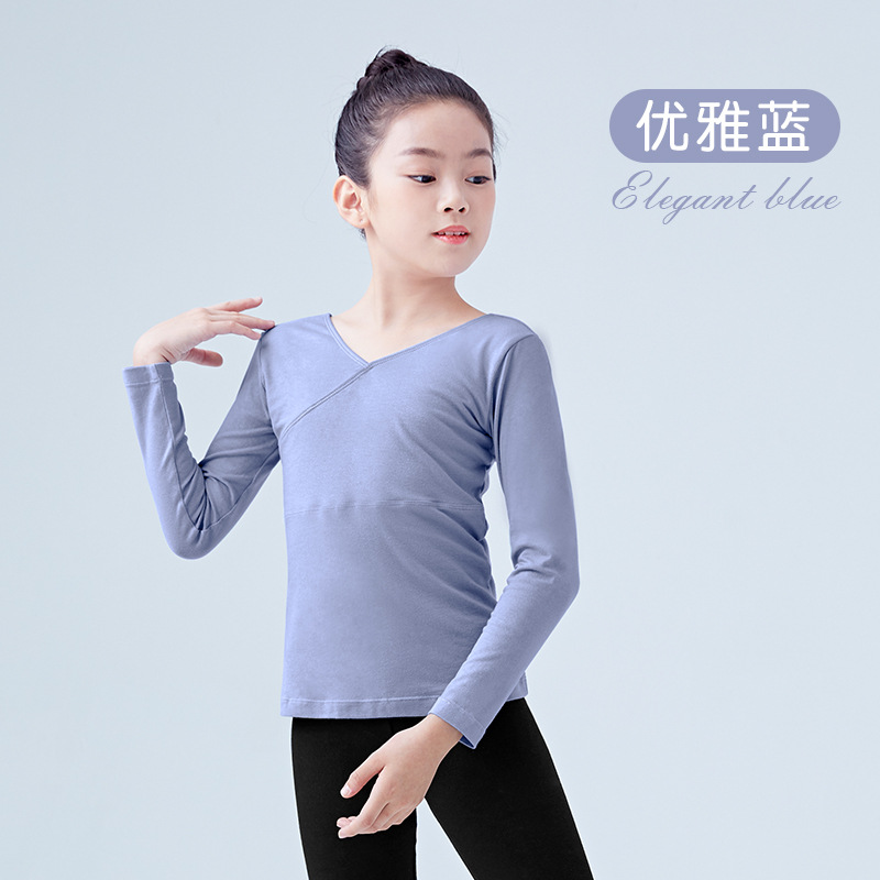 Nueva Ropa de baile los niños primavera manga larga traje delantero Cruz Niñas práctica danza superior al por mayor