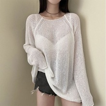 原创现货 慵懒风镂空透视宽松中长款针织衫长袖韩版毛衣冰丝罩衫