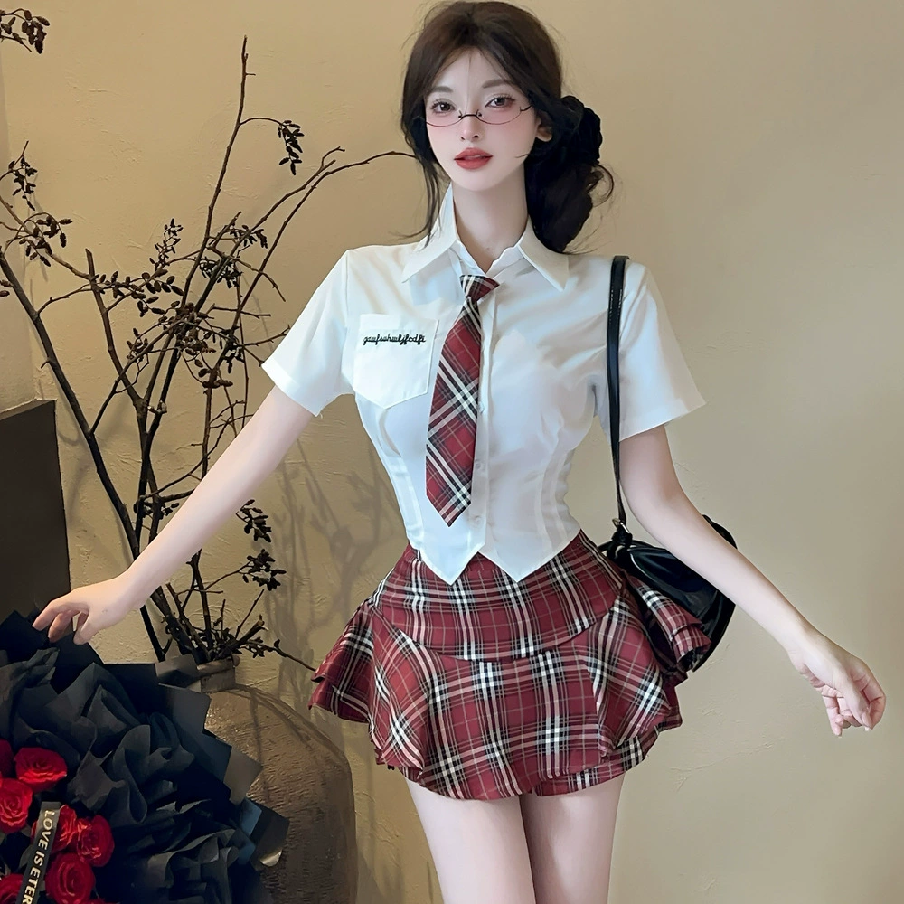 Комплект униформы JK для женщин в миниатюрном стиле преппи, летний сладкий и пряный дизайн, комплект из двух предметов: рубашка с короткими рукавами и клетчатая юбка.