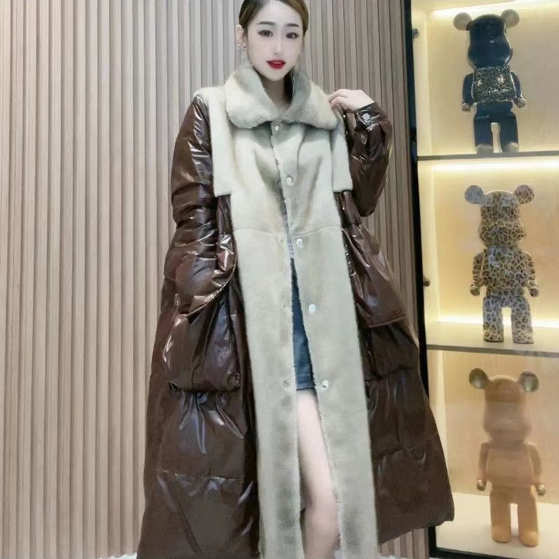 秋冬新款假两件拼接休闲长款羽绒服时尚仿貂毛宽松加厚保暖大衣