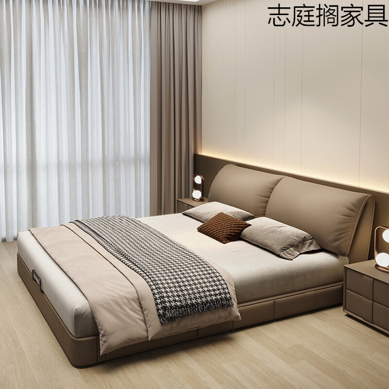 Modern Minimalist Elephant Ear Storage High Box Bed, Light Luxury Leather Bed, Master Bedroom Cream Style Double Soft-Packed Storage Bed