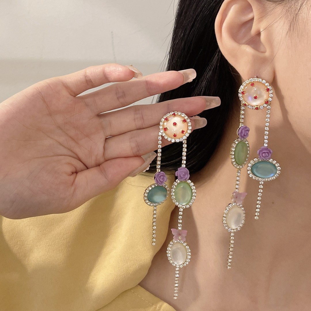 Fashion Flower Bow Knot natural stone Moonstone Inlay Rhinestones Drop Earrings 1 Pair