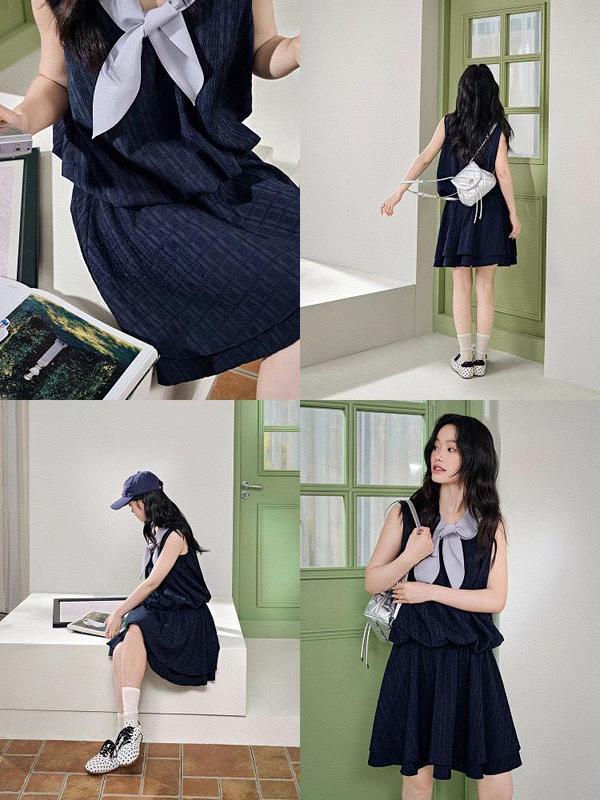 阔系藏蓝色无袖背心裙绑带连衣裙2025夏季小众设计感新款女短裙子|undefined