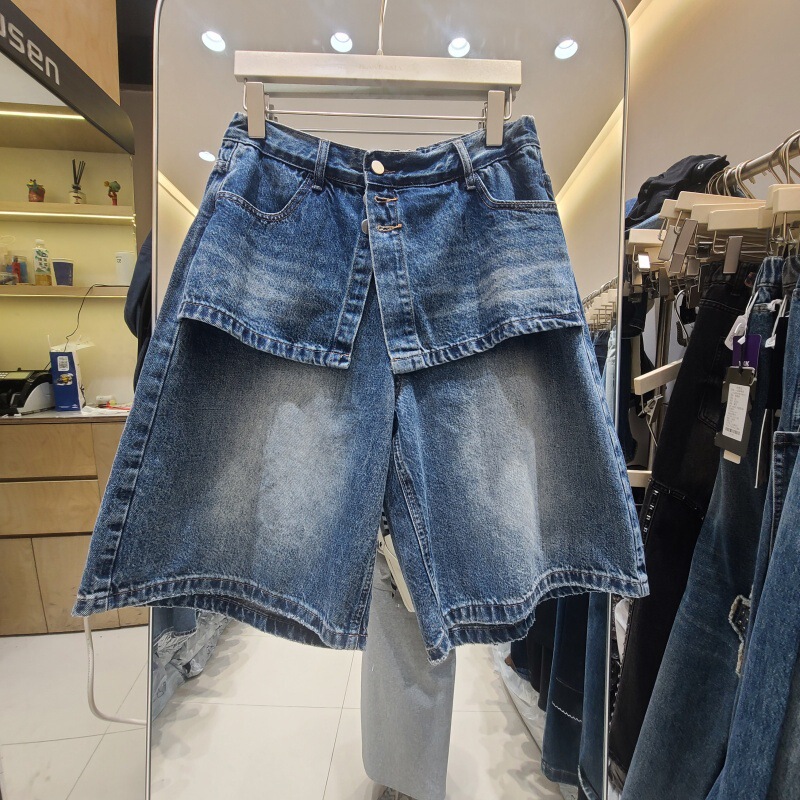 Fake two-piece wide-leg shorts for women, 2026 summer new style, plus size, high-waisted, slimming, straight-cut denim shorts for petite figures Fake two-piece wide-leg shorts for women, 2026 summer new style, plus size, high-waisted, slimming, straight-cut denim shorts for petite figures