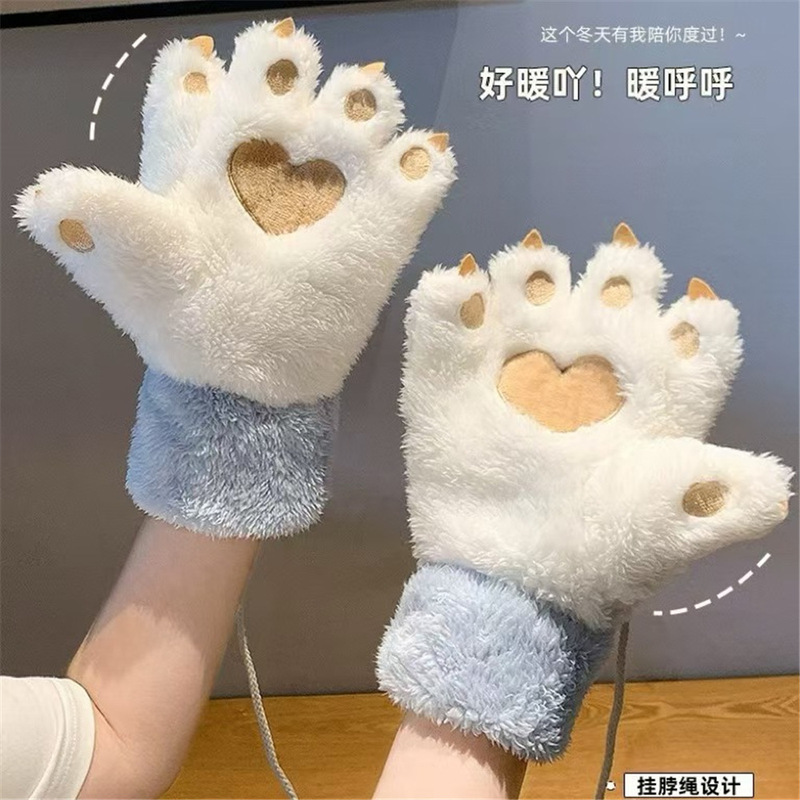 卡通可爱熊爪手套女冬季保暖加绒加厚冬天骑行毛绒挂脖五指手套女|undefined
