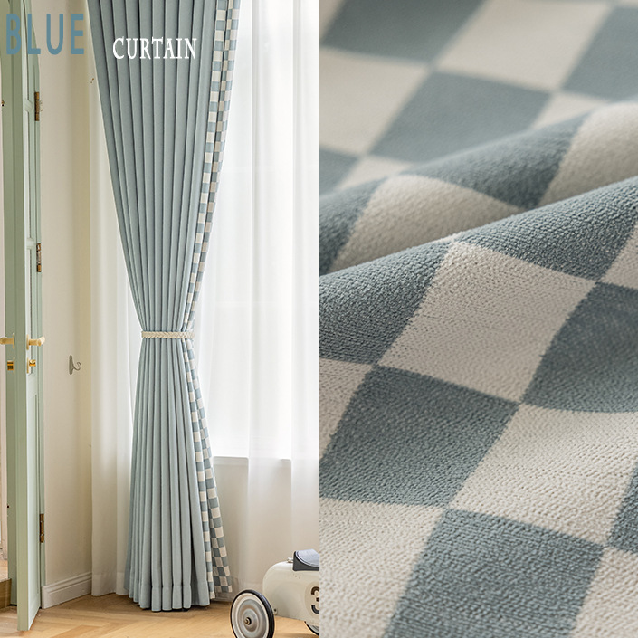 Sea salt blue plaid chenille curtain finished thickened shading bedroom modern minimalist horizontal living room whole house home decoration