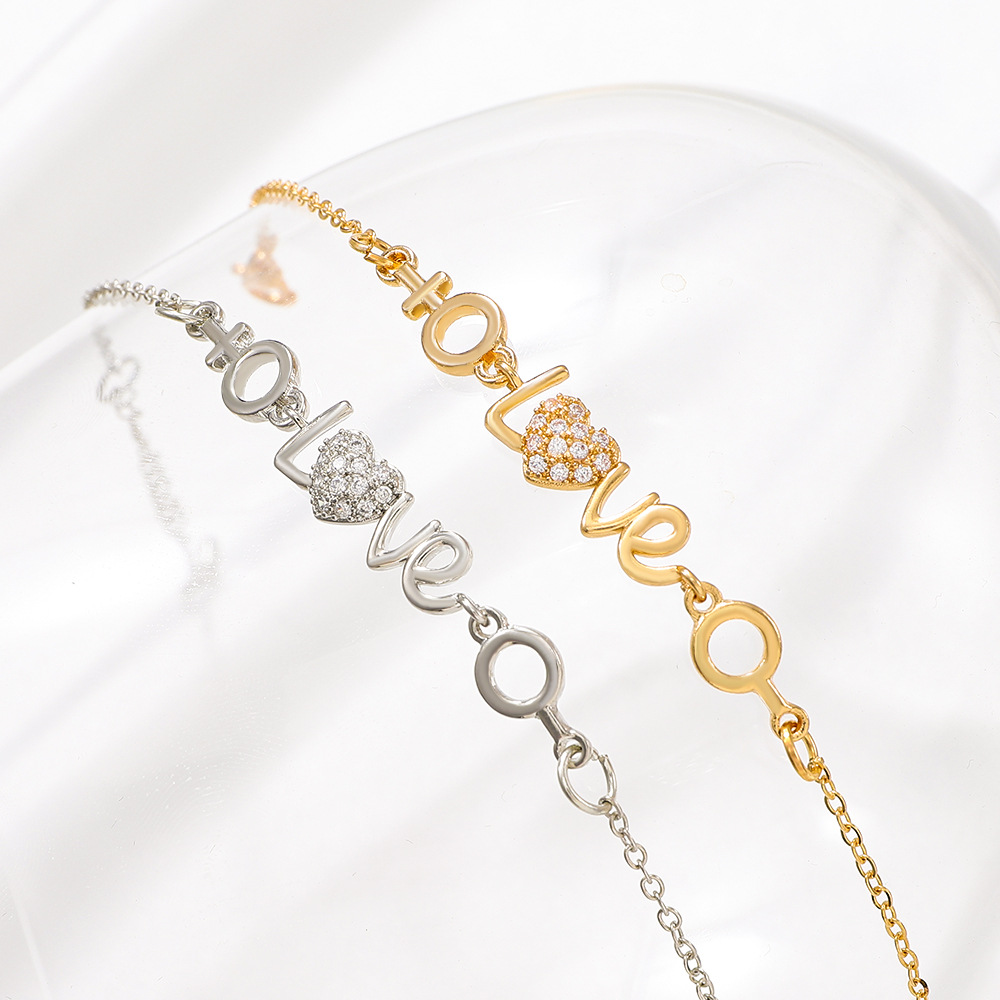 Sweet Love Heart Shape Copper Bracelets Plating Zircon Copper Bracelets