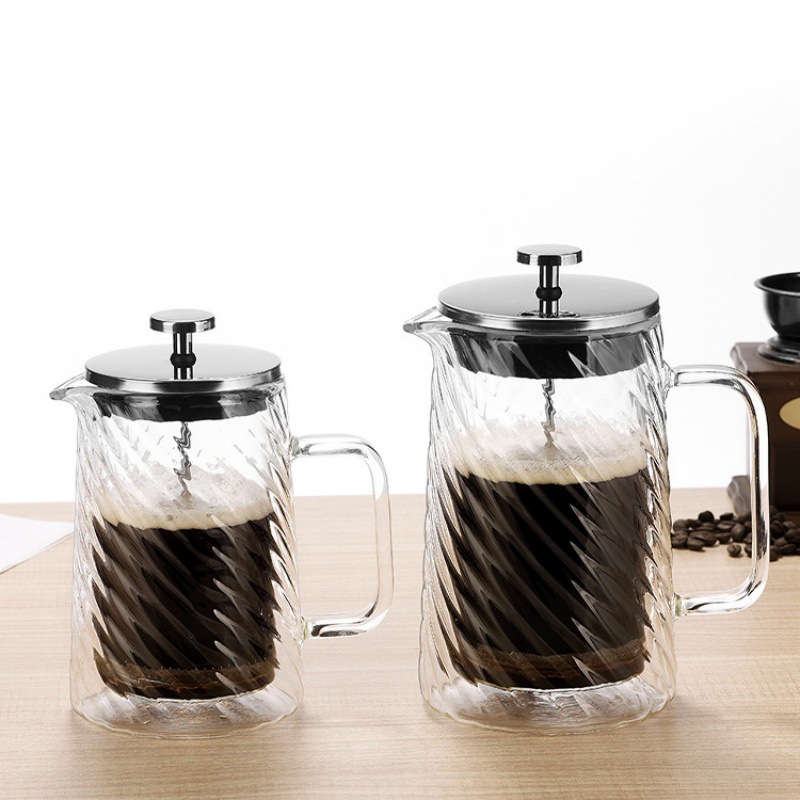 High Borosilicate Glass Spiral-Patterned Double-Layer French Press Pot, Milk Frothing and Hand-Brewed Coffee Pot, Tea Maker
