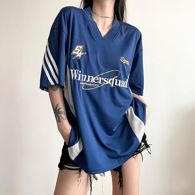American High Street Jersey T-Shirt Women's Summer New Design Stitching Contrasting Short-Sleeved Round Neck Loose Sports Top