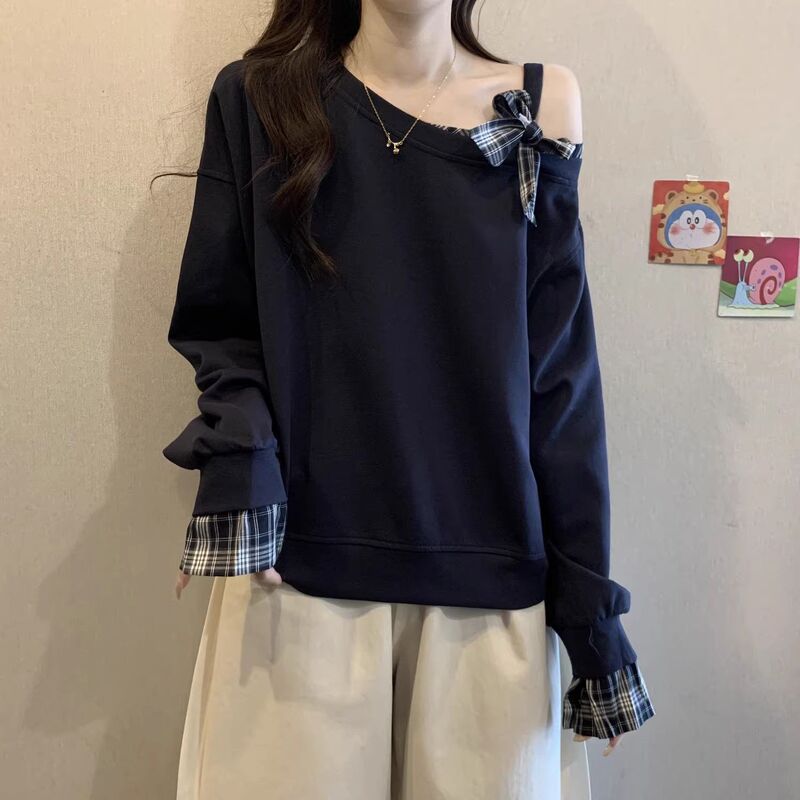 大码格子拼接一字肩斜肩卫衣女春秋新款宽松显瘦遮肉露肩长袖上衣|undefined