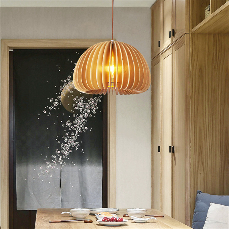 Bedroom Tea Room Hotel Homestay Dining Table LED Pendant Light New Chinese Creative Natural Solid Wood Restaurant Lamp Pleated Shade