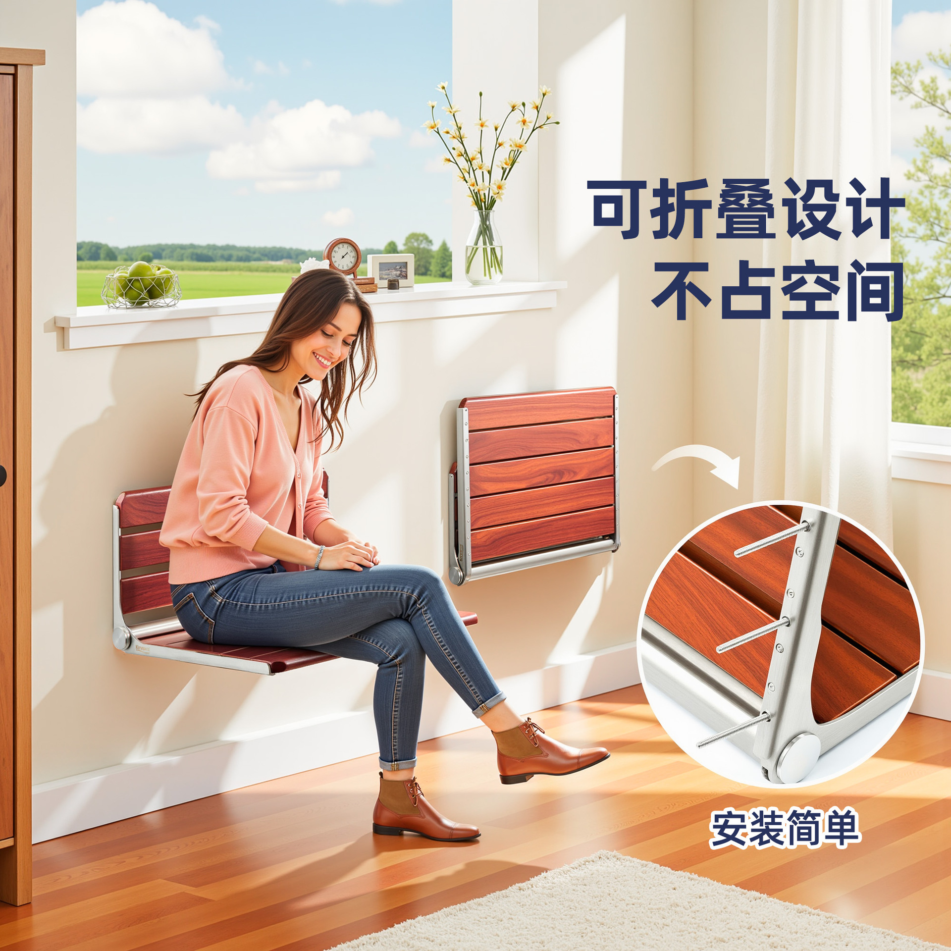 实木浴室凳卫生间凳椅玄关可折叠凳老年人孕妇洗澡座椅壁挂省空间