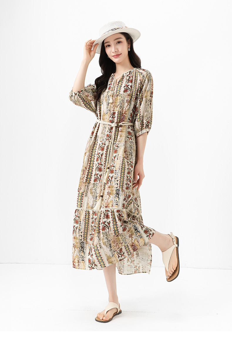 Đầm maxi nữ thắt eo bohemian in hoa kỳ lạ tay ngắn rộng che thịt — Màu cà phê chi tiết 20