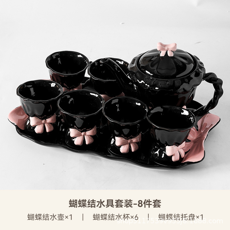 Una olla de cerámica, cuatro tazas de juego de té, caja de regalo de inauguración de la casa, lazo pintado a mano, taza de té de la tarde, regalo de boda