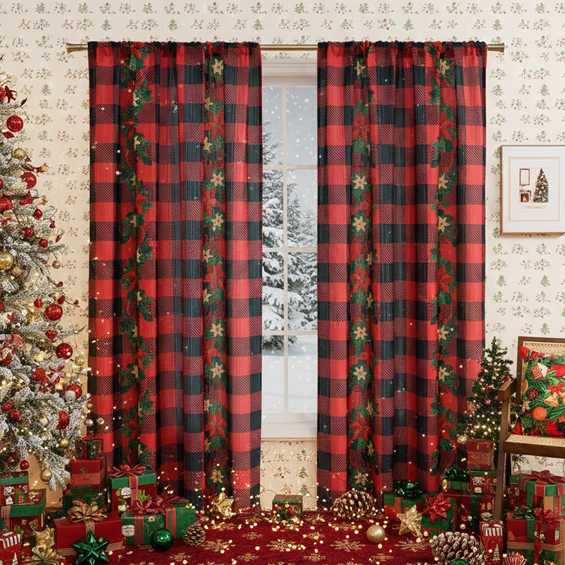New American Christmas Curtains Christmas Plaid Printing Blackout Rectangular Beautification Decorative Fabric Finished Curtains