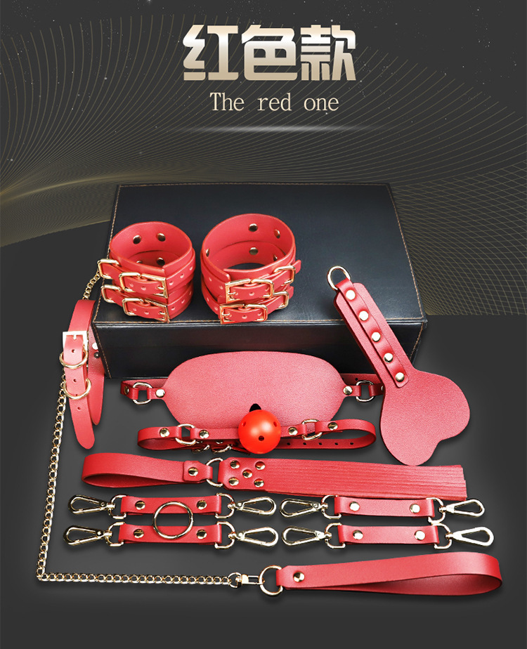 Jiuai PU Leather Bondage Handcuffs Set with Metal Hardware, Black Nine-Piece Kit — detail image 12