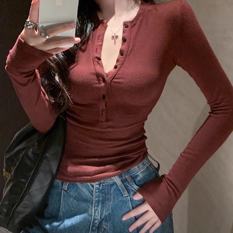 [Derong] V-Neck Long-Sleeved Inner Layering Shirt for Women, Slim-Fitting Half-Button Right-Shoulder T-Shirt Top, Burgundy